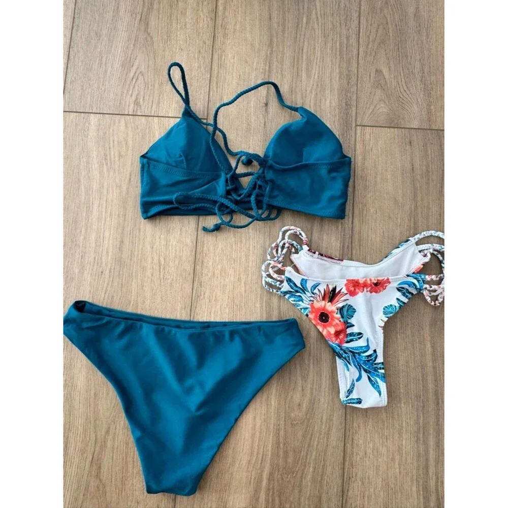 Teal Three-Piece Bikini Set with Floral Accent - Size 4